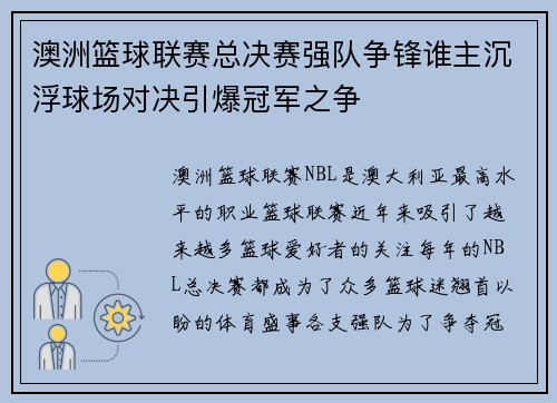 澳洲篮球联赛总决赛强队争锋谁主沉浮球场对决引爆冠军之争