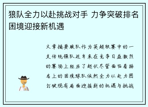 狼队全力以赴挑战对手 力争突破排名困境迎接新机遇