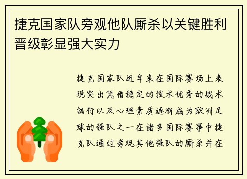捷克国家队旁观他队厮杀以关键胜利晋级彰显强大实力