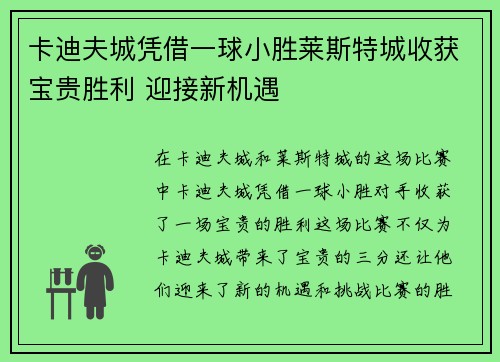 卡迪夫城凭借一球小胜莱斯特城收获宝贵胜利 迎接新机遇