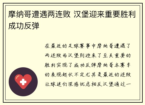 摩纳哥遭遇两连败 汉堡迎来重要胜利成功反弹