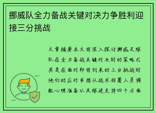 挪威队全力备战关键对决力争胜利迎接三分挑战