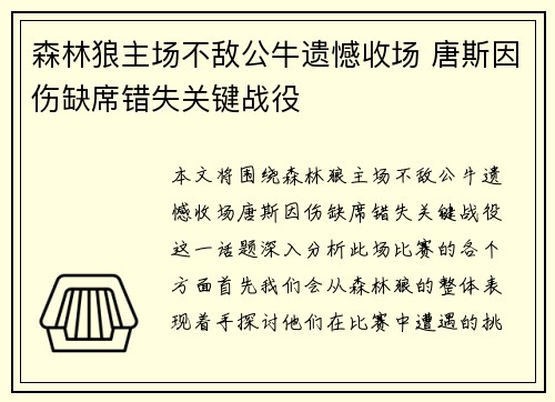 森林狼主场不敌公牛遗憾收场 唐斯因伤缺席错失关键战役