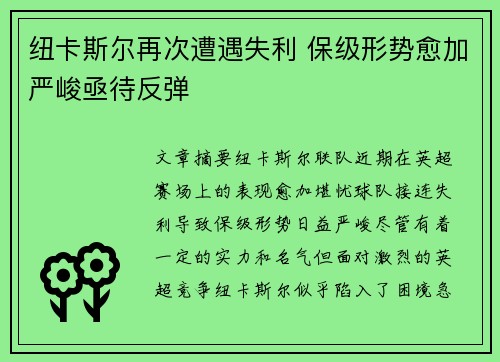 纽卡斯尔再次遭遇失利 保级形势愈加严峻亟待反弹
