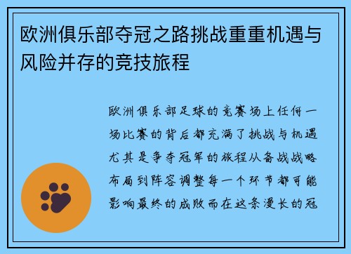 欧洲俱乐部夺冠之路挑战重重机遇与风险并存的竞技旅程