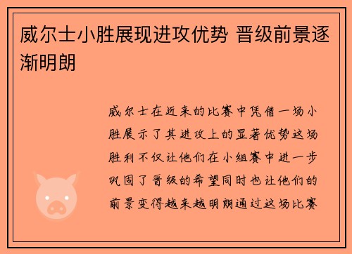 威尔士小胜展现进攻优势 晋级前景逐渐明朗